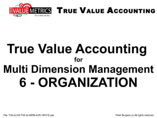 File: TVA-p3-00-TVA-for-MDM-4of5-160319.odp Peter Burgess (c) All rights reserved
True Value Accounting
for
Multi Dimension Management
6 - ORGANIZATION
TRUE VALUE ACCOUNTING
 