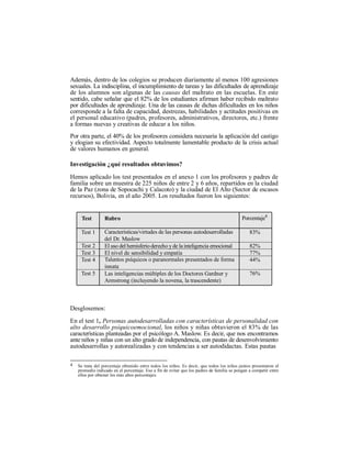 Además, dentro de los colegios se producen diariamente al menos 100 agresiones
sexuales. La indisciplina, el incumplimiento de tareas y las dificultades de aprendizaje
de los alumnos son algunas de las causas del maltrato en las escuelas. En este
sentido, cabe señalar que el 82% de los estudiantes afirman haber recibido maltrato
por dificultades de aprendizaje. Una de las causas de dichas dificultades en los niños
corresponde a la falta de capacidad, destrezas, habilidades y actitudes positivas en
el personal educativo (padres, profesores, administrativos, directores, etc.) frente
a formas nuevas y creativas de educar a los niños.
Por otra parte, el 40% de los profesores considera necesaria la aplicación del castigo
y elogian su efectividad. Aspecto totalmente lamentable producto de la crisis actual
de valores humanos en general.
Investigación ¿qué resultados obtuvimos?
Hemos aplicado los test presentados en el anexo 1 con los profesores y padres de
familia sobre un muestra de 225 niños de entre 2 y 6 años, repartidos en la ciudad
de la Paz (zona de Sopocachi y Calacoto) y la ciudad de El Alto (Sector de escasos
recursos), Bolivia, en el año 2005. Los resultados fueron los siguientes:
Test
Test 1
Test 2
Test 3
Test 4
Test 5
Rubro
Características/virtudes de las personas autodesarrolladas
del Dr. Maslow
El uso del hemisferio derecho yde lainteligencia emocional
El nivel de sensibilidad y empatía
Talentos psíquicos o paranormales presentados de forma
innata
Las inteligencias múltiples de los Doctores Gardner y
Armstrong (incluyendo la novena, la trascendente)
Porcentaje4
83%
82%
77%
44%
76%
Desglosemos:
En el test 1, Personas autodesarrolladas con características de personalidad con
alto desarrollo psíquicoemocional, los niños y niñas obtuvieron el 83% de las
características planteadas por el psicólogo A. Maslow. Es decir, que nos encontramos
ante niños y niñas con un alto grado de independencia, con pautas de desenvolvimiento
autodesarrollas y autorealizadas y con tendencias a ser autodidactas. Estas pautas
4 Se trata del porcentaje obtenido entre todos los niños. Es decir, que todos los niños juntos presentaron el
promedio indicado en el porcentaje. Eso a fin de evitar que los padres de familia se pongan a competir entre
ellos por obtener los más altos porcentajes.
 