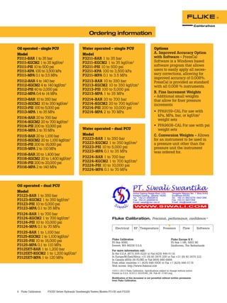 4 Fluke Calibration P3000 Series Hydraulic Deadweight Testers Models P3100 and P3200
Oil operated - single PCU
Model
P3111-BAR 1 to 35 bar
P3111-KGCM2 1 to 35 kgf/cm2
P3111-PSI 10 to 500 psi
P3111-KPA 100 to 3,500 kPa
P3111-MPA 0.1 to 3.5 MPa
P3112-BAR 4 to 140 bar
P3112-KGCM2 4 to 140 kgf/cm2
P3112-PSI 40 to 2,000 psi
P3112-MPA 0.4 to 14 MPa
P3113-BAR 10 to 350 bar
P3113-KGCM2 10 to 350 kgf/cm2
P3113-PSI 100 to 5,000 psi
P3113-MPA 1 to 35 MPa
P3114-BAR 20 to 700 bar
P3114-KGCM2 20 to 700 kgf/cm2
P3114-PSI 200 to 10,000 psi
P3114-MPA 2 to 70 MPa
P3115-BAR 20 to 1,100 bar
P3115-KGCM2 20 to 1,100 kgf/cm2
P3115-PSI 200 to 16,000 psi
P3115-MPA 2 to 110 MPa
P3116-BAR 20 to 1,400 bar
P3116-KGCM2 20 to 1,400 kgf/cm2
P3116-PSI 200 to 20,000 psi
P3116-MPA 2 to 140 MPa
Water operated - single PCU
Model
P3211-BAR 1 to 35 bar
P3211-KGCM2 1 to 35 kgf/cm2
P3211-PSI 10 to 500 psi
P3211-KPA 100 to 3,500 kPa
P3211-MPA 0.1 to 3.5 MPa
P3213-BAR 10 to 350 bar
P3213-KGCM2 10 to 350 kgf/cm2
P3213-PSI 100 to 5,000 psi
P3213-MPA 1 to 35 MPa
P3214-BAR 20 to 700 bar
P3214-KGCM2 20 to 700 kgf/cm2
P3214-PSI 200 to 10,000 psi
P3214-MPA 2 to 70 MPa
Water operated - dual PCU
Model
P3223-BAR 1 to 350 bar
P3223-KGCM2 1 to 350 kgf/cm2
P3223-PSI 10 to 5,000 psi
P3223-MPA 0.1 to 35 MPa
P3224-BAR 1 to 700 bar
P3224-KGCM2 1 to 700 kgf/cm2
P3224-PSI 10 to 10,000 psi
P3224-MPA 0.1 to 70 MPa
Ordering information
Options
A. Improved Accuracy Option
with Software - PressCal
Software is a Windows based
software program that allows
users to easily apply all neces-
sary corrections, allowing for
improved accuracy of 0.008%.
PressCal is provided as standard
with all 0.008 % instruments.
B. Fine Increment Weights
- Additional small weights
that allow for finer pressure
increments
• PPA9159-CAL For use with
kPa, MPa, bar, or kgf/cm2
weight sets
• PPA9608-CAL For use with psi
weight sets
C. Conversion Weights - Allows
for an instrument to be used in
a pressure unit other than the
pressure unit the instrument
was ordered for.
Oil operated - dual PCU
Model
P3123-BAR 1 to 350 bar
P3123-KGCM2 1 to 350 kgf/cm2
P3123-PSI 10 to 5,000 psi
P3123-MPA 0.1 to 35 MPa
P3124-BAR 1 to 700 bar
P3124-KGCM2 1 to 700 kgf/cm2
P3124-PSI 10 to 10,000 psi
P3124-MPA 0.1 to 70 MPa
P3125-BAR 1 to 1,100 bar
P3125-KGCM2 1 to 1,100 kgf/cm2
P3125-PSI 10 to 16,000 psi
P3125-MPA 0.1 to 110 MPa
P3125XT-BAR 1 to 1,200 bar
P3125XT-KGCM2 1 to 1,200 kgf/cm2
P3125XT-MPA 1 to 120 MPa
Fluke Calibration
PO Box 9090,
Everett, WA 98206 U.S.A.
Fluke Europe B.V.
PO Box 1186, 5602 BD
Eindhoven, The Netherlands
For more information call:
In the U.S.A. (877) 355-3225 or Fax (425) 446-5116
In Europe/M-East/Africa +31 (0) 40 2675 200 or Fax +31 (0) 40 2675 222
In Canada (800)-36-FLUKE or Fax (905) 890-6866
From other countries +1 (425) 446-5500 or Fax +1 (425) 446-5116
Web access: http://www.flukecal.com
©2011-2013 Fluke Calibration. Specifications subject to change without notice.
Printed in U.S.A. 6/2013 3633536C_EN Pub-ID 11745-eng
Modification of this document is not permitted without written permission
from Fluke Calibration.
Fluke Calibration. Precision, performance, confidence.™
 