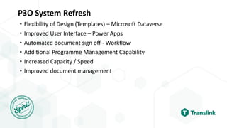 P3O System Refresh
• Flexibility of Design (Templates) – Microsoft Dataverse
• Improved User Interface – Power Apps
• Automated document sign off - Workflow
• Additional Programme Management Capability
• Increased Capacity / Speed
• Improved document management
 
