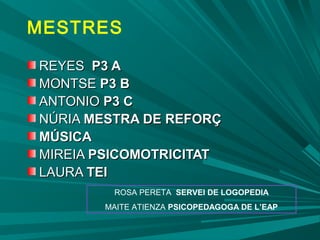 REYESREYES P3 AP3 A
MONTSEMONTSE P3 BP3 B
ANTONIOANTONIO P3 CP3 C
NÚRIANÚRIA MESTRA DE REFORÇMESTRA DE REFORÇ
MÚSICAMÚSICA
MIREIAMIREIA PSICOMOTRICITATPSICOMOTRICITAT
LAURALAURA TEITEI
ROSA PERETA SERVEI DE LOGOPEDIA
MAITE ATIENZA PSICOPEDAGOGA DE L’EAP
MESTRES
 