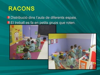 Distribució dins l’aula de diferents espais.Distribució dins l’aula de diferents espais.
El treball es fa en petits grups que rotenEl treball es fa en petits grups que roten..
RACONS
 