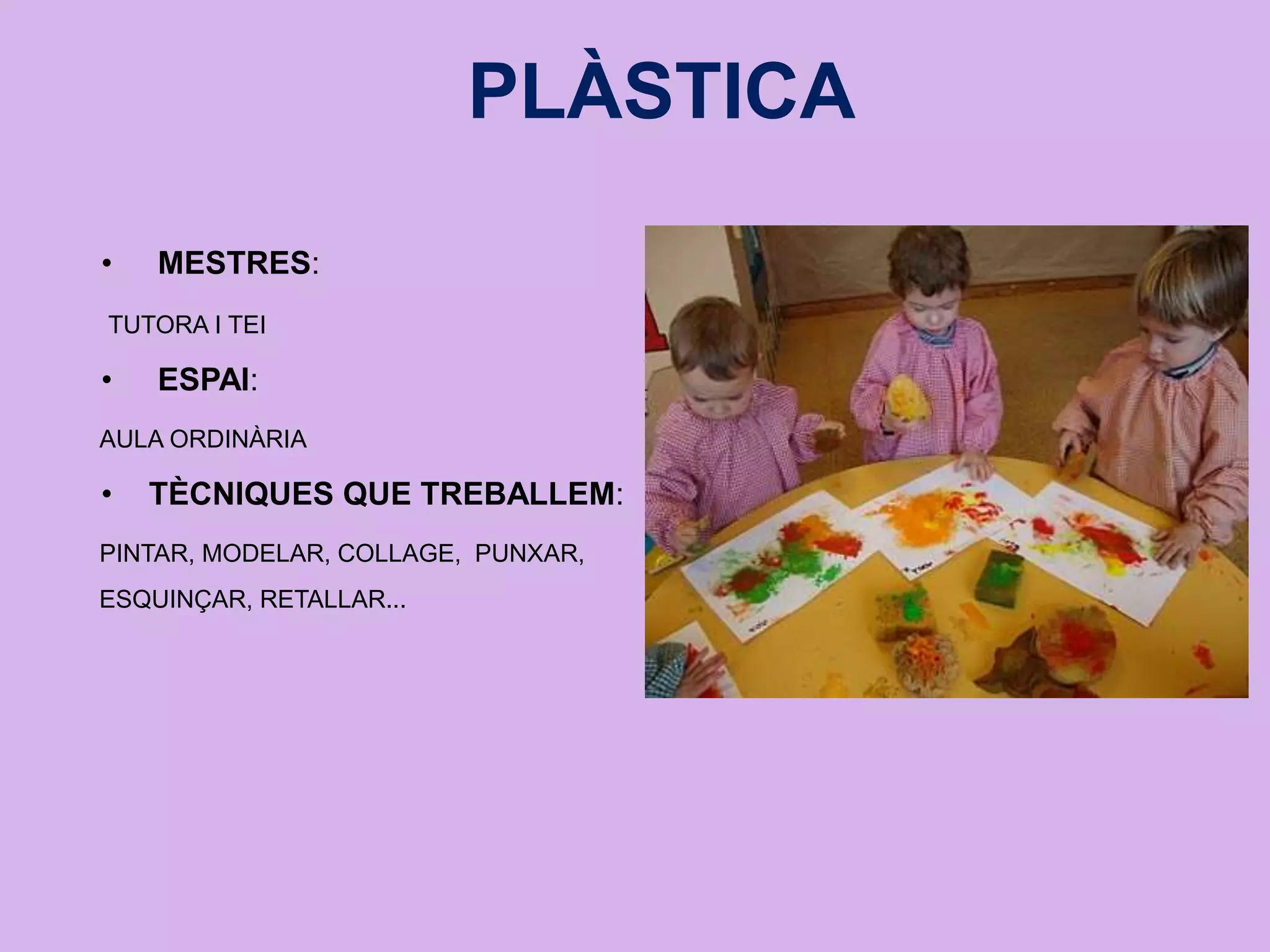PLÀSTICA
• MESTRES:
TUTORA I TEI
• ESPAI:
AULA ORDINÀRIA
• TÈCNIQUES QUE TREBALLEM:
PINTAR, MODELAR, COLLAGE, PUNXAR,
ESQUINÇAR, RETALLAR...
 