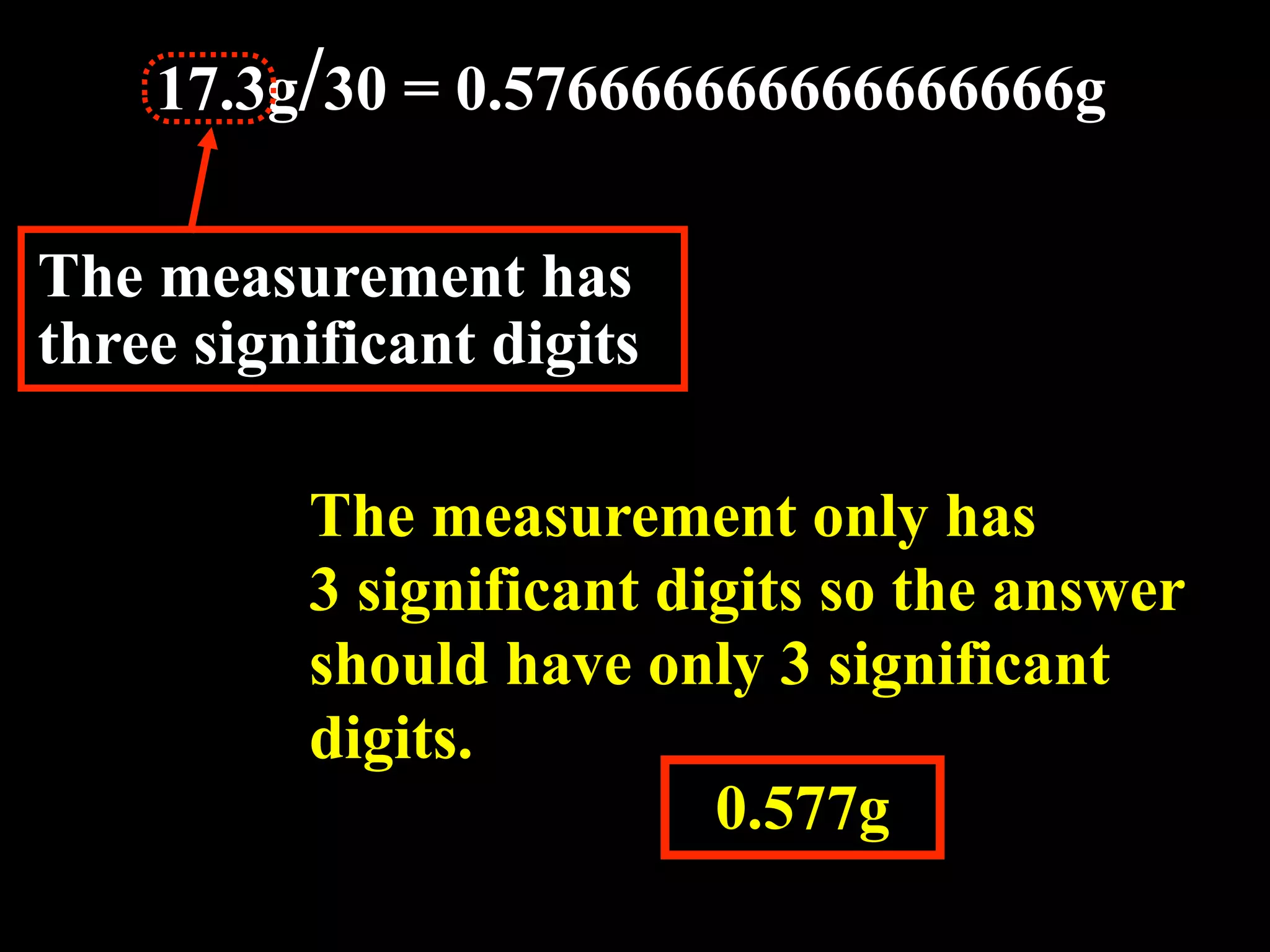 17.3g/30 = 0.576666666666666666g

The measurement has
three significant digits

          The measurement only has
          3 significant digits so the answer
          should have only 3 significant
          digits.
                          0.577g
 