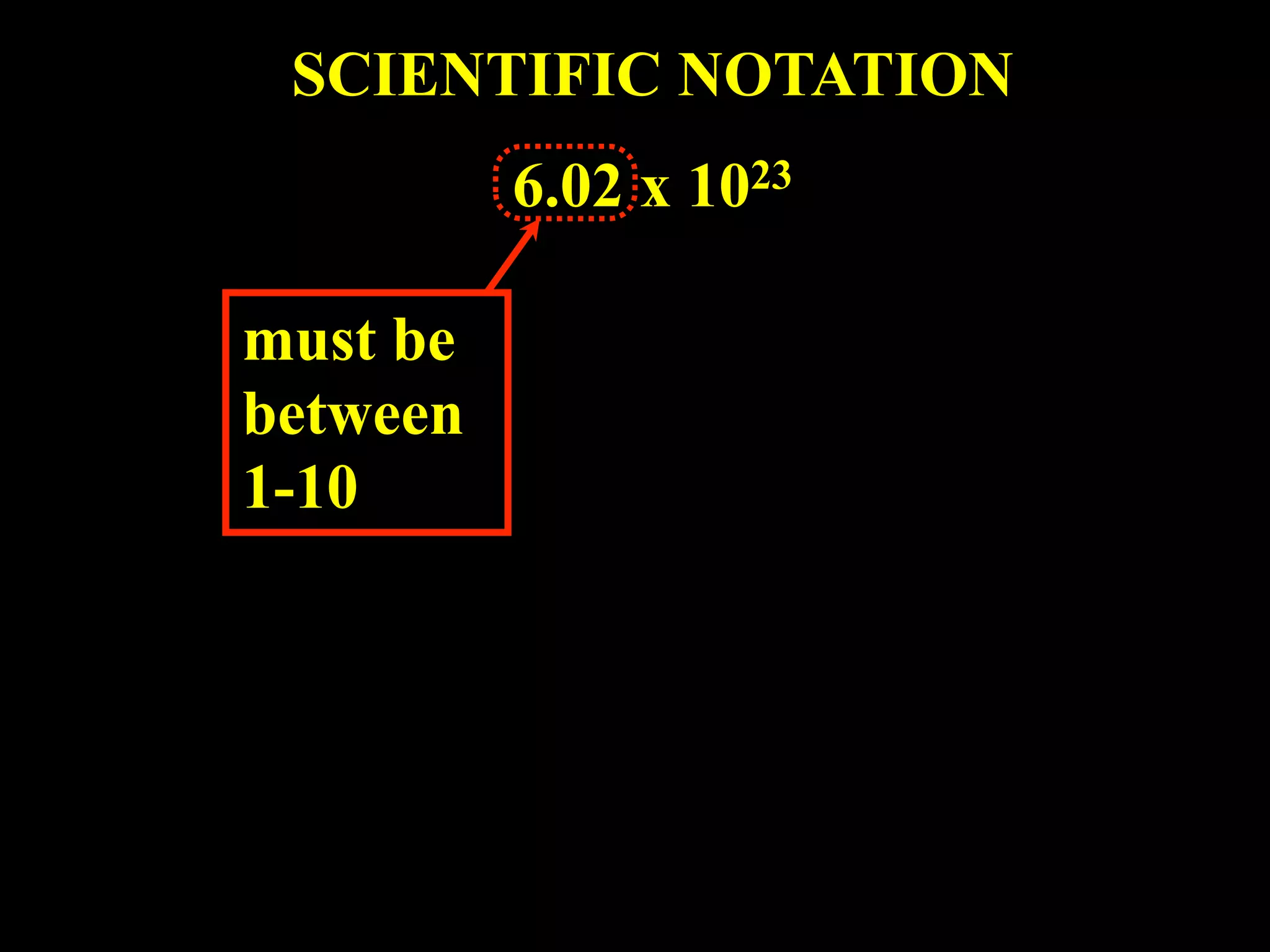 SCIENTIFIC NOTATION
          6.02 x 1023

must be
between
1-10
 