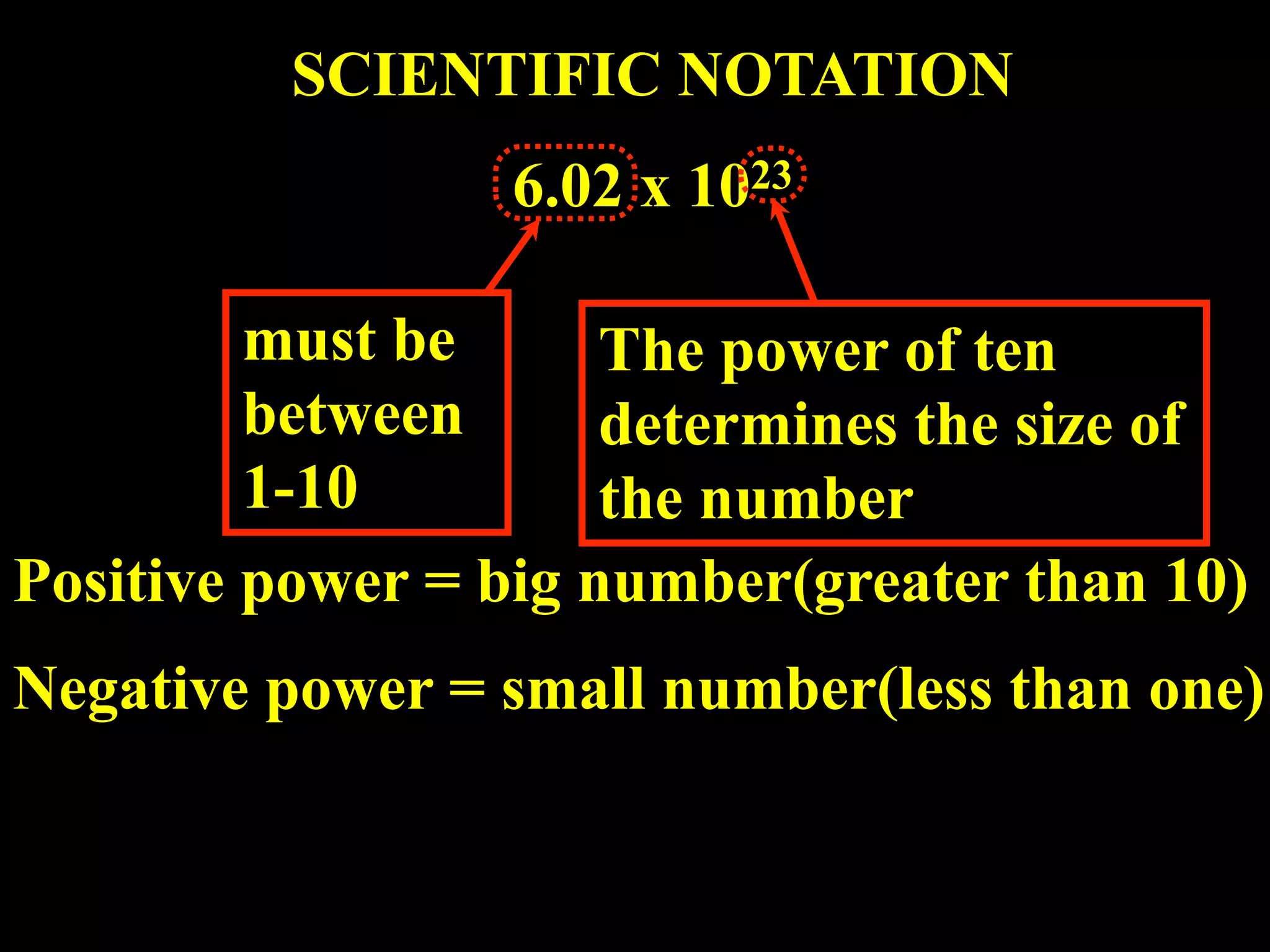 SCIENTIFIC NOTATION
                 6.02 x 1023

         must be      The power of ten
         between      determines the size of
         1-10         the number
Positive power = big number(greater than 10)
Negative power = small number(less than one)
 
