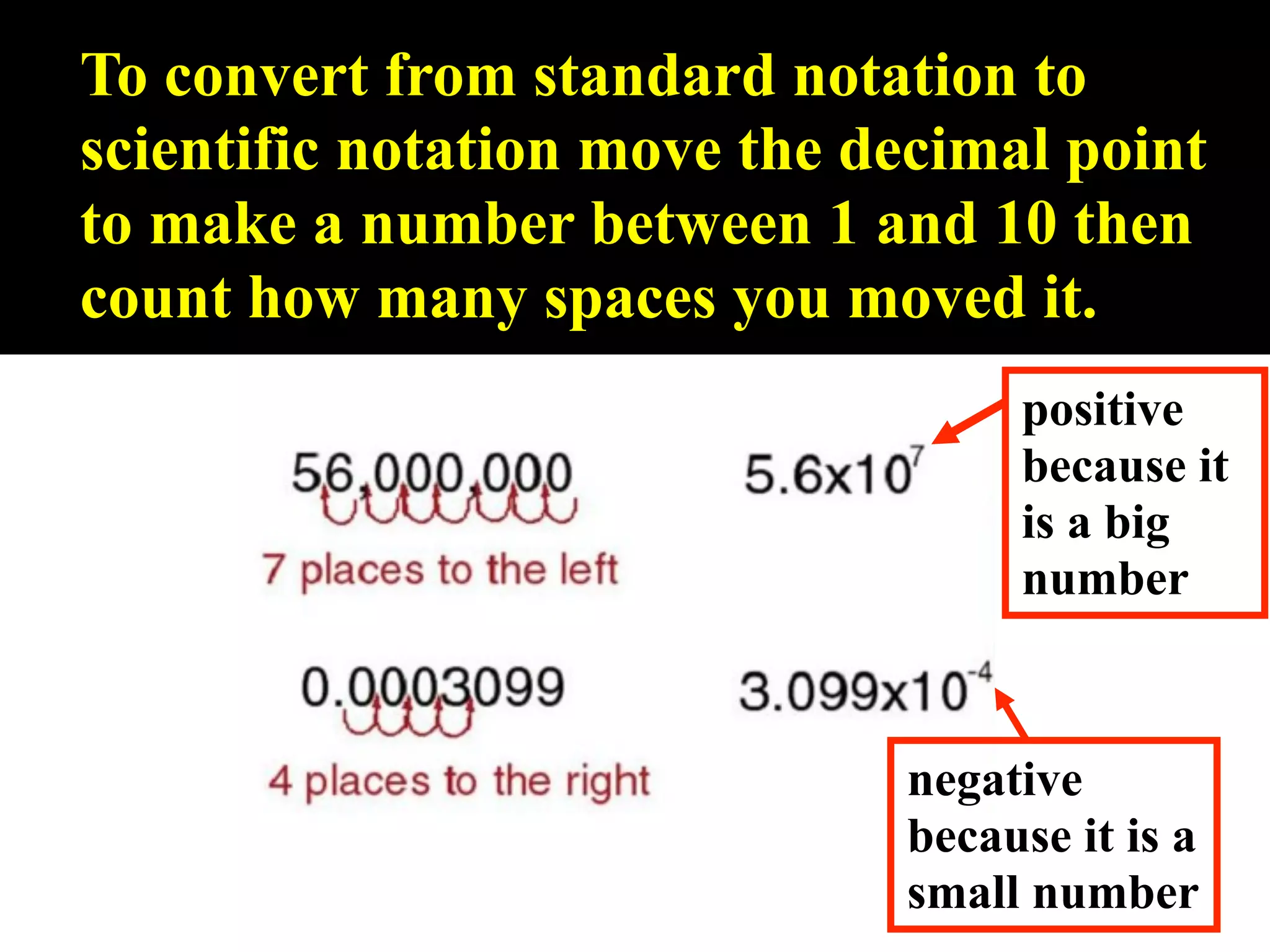 To convert from standard notation to
scientific notation move the decimal point
to make a number between 1 and 10 then
count how many spaces you moved it.
                                   positive
                                   because it
                                   is a big
                                   number



                              negative
                              because it is a
                              small number
 