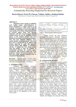 Reena Kharat, Preeti M. Chavan, Vaibhav Jadhav, Kuldeep Rakibe / International Journal of
Engineering Research and Applications (IJERA) ISSN: 2248-9622 www.ijera.com
Vol. 3, Issue 3, May-Jun 2013, pp.077-080
77 | P a g e
Semantically Detecting Plagiarism for Research Papers
Reena Kharat, Preeti M. Chavan, Vaibhav Jadhav, Kuldeep Rakibe
Department of Computer Engg, Pimpri Chinchwad College Of Engg., Pune.
ABSTRACT
Plagiarism means copying of published
work without proper acknowledgement of
source. Plagiarism is a major concern, in an
academic environment, which affects both the
credibility of institutions as well as its ability to
ensure quality of its student. Plagiarism detection
of research papers deals with checking
similarities with other research papers. Manual
methods cannot be used for checking research
papers, as the assigned reviewer may have
inadequate knowledge in the research disciplines.
They may have different subjective views,
causing possible misinterpretations. Therefore,
there was an urgent need for an effective and
feasible approach to check the submitted
research papers with support of automated
software. A method like- text mining method
came into picture to solve the problem of
automatically checking the research papers
semantically. Our proposed system uses Term
Frequency- Inverse Document Frequency (TF-
IDF) and Latent Semantic Indexing (LSI) to
semantically find plagiarism.
Keywords - Decision Support Systems, Latent
Semantic Indexing (LSI), Term Frequency- Inverse
Document Frequency (TF-IDF), Text Mining
I. INTRODUCTION
Plagiarism by students, professors,
industrialist or researcher is considered academic
fraud. Plagiarism is defined in multiple ways like
copying others original work without
acknowledging the author or source. Original work
is code, formulas, ideas, research, strategies, writing
or other form. Punishment for plagiarism consists of
suspension to termination along with loss of
credibility. Therefore, detecting plagiarism is
essential. Research paper selection is recurring
activity for any conference or journal in academia. It
is a multi-process task that begins with a call for
papers. Fig. 1 shows research paper selection
process. Call for paper is distributed to communities
such as universities or research institutions. They
are then assigned to experts for peer review. The
review results are collected, and the papers arethen
ranked based on the aggregation of the experts
review results.
Figure 1: Research paper selection process
Expert reviewer may have inadequate
knowledge in research discipline. Plagiarism
detection software will help him to detect plagiarism
quickly. Proposed system requires the database with
existing research papers. When the call for papers
(CFP) [5] is made from the end-user, the system
accepts the research paper submitted by end-user.
The system then finds the similarity between the
paper submitted and existing research papers.
The proposed method aims to make manual
process of checking plagiarism of research Papers
computerised. The system allows an agency to
ensure the ambiguity of the research Paper
submitted by end-user. It helps agency to find
semantically similar research papers. Proposed
method makes use of TF-IDF and LSI.
II. LITERATURE REVIEW
There are many existing formal methods
available for plagiarism detection. W. M. Wangn, C.
F. Cheung [6] had proposed- Semantic based
intellectual property management system, an
automated system for assisting the inventors in
patent analysis. It incorporated semantic analysis
and text mining techniques for processing and
analysing the patent documents. But, this method
proposed a hybrid knowledge-based approach to
assign reviewers the clustered research papers.
MOSS stands for ―Measure Of Software Similarity‖
was developed by Alex Aiken at UC Berkeley.
MOSS employs a document fingerprinting
technique to detect textual similarity. MOSS is a
command line tool and is not easy to use. YAP [8]
stands for Yet Another Plague, tries to find a
maximal set of common contiguous substrings to
detect plagiarism, proposed by Wise. It has three
different versions -YAP1, YAP2 and YAP3. Chen et
al discussed SID [9] stands for Shared Information
Distance or Software Integrity Detection, detects
similarity between programs by computing the
shared information between them. Prechelt,
Malpohl, and Phlippsen has discussed JPlag [10],
 