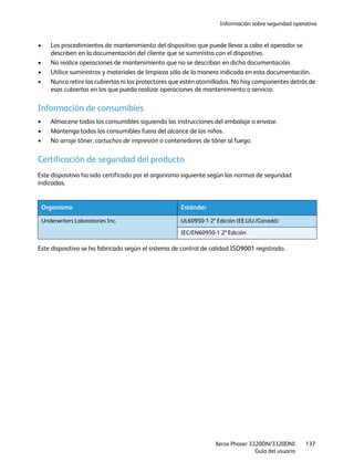 Información sobre seguridad operativa
Xerox Phaser 3320DN/3320DNI
Guía del usuario
137
• Los procedimientos de mantenimiento del dispositivo que puede llevar a cabo el operador se
describen en la documentación del cliente que se suministra con el dispositivo.
• No realice operaciones de mantenimiento que no se describan en dicha documentación.
• Utilice suministros y materiales de limpieza sólo de la manera indicada en esta documentación.
• Nunca retire las cubiertas ni los protectores que estén atornillados. No hay componentes detrás de
esas cubiertas en los que pueda realizar operaciones de mantenimiento o servicio.
Información de consumibles
• Almacene todos los consumibles siguiendo las instrucciones del embalaje o envase.
• Mantenga todos los consumibles fuera del alcance de los niños.
• No arroje tóner, cartuchos de impresión o contenedores de tóner al fuego.
Certificación de seguridad del producto
Este dispositivo ha sido certificado por el organismo siguiente según las normas de seguridad
indicadas.
Este dispositivo se ha fabricado según el sistema de control de calidad ISO9001 registrado.
Organismo Estándar
Underwriters Laboratories Inc. UL60950-1 2ª Edición (EE.UU./Canadá)
IEC/EN60950-1 2ª Edición
 