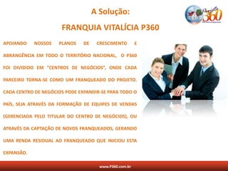 A Solução:
                      FRANQUIA VITALÍCIA P360
APOIANDO    NOSSOS   PLANOS    DE    CRESCIMENTO        E

ABRANGÊNCIA EM TODO O TERRITÓRIO NACIONAL, O P360

FOI DIVIDIDO EM “CENTROS DE NEGÓCIOS”, ONDE CADA

PARCEIRO TORNA-SE COMO UM FRANQUEADO DO PROJETO.

CADA CENTRO DE NEGÓCIOS PODE EXPANDIR-SE PARA TODO O

PAÍS, SEJA ATRAVÉS DA FORMAÇÃO DE EQUIPES DE VENDAS

(GERENCIADA PELO TITULAR DO CENTRO DE NEGÓCIOS), OU

ATRAVÉS DA CAPTAÇÃO DE NOVOS FRANQUEADOS, GERANDO

UMA RENDA RESIDUAL AO FRANQUEADO QUE INICIOU ESTA

EXPANSÃO.

                                      www.P360.com.br
 