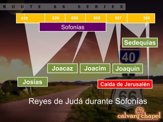 639 626 609 586
Reyes de Judá durante Sofonías
Sedequías
597608
Josías
Joacaz Joacim Joaquín
Caída de Jerusalén
Sofonías
 
