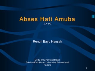 Abses Hati Amuba
(LK-3A)
Rendri Bayu Hansah
Modul Ilmu Penyakit Dalam
Fakultas Kedokteran Universitas Baiturrahmah
Padang
1
 