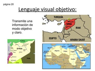 Lenguaje visual objetivo:
Transmite una
información de
modo que
posea sólo una
interpretación.
Por ejemplo,
un dibujo
científico.
página 20
 