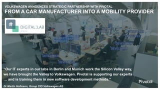 VOLKSWAGEN ANNOUNCES STRATEGIC PARTNERSHIP WITH PIVOTAL
FROM A CAR MANUFACTURER INTO A MOBILITY PROVIDER
“Our IT experts in our labs in Berlin and Munich work the Silicon Valley way,
we have brought the Valley to Volkswagen. Pivotal is supporting our experts
… and is training them in new software development methods.”
Dr Martin Hofmann, Group CIO Volkswagen AG
 