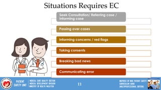 11
Seek Consultation/ Referring case /
Informing case
Passing over cases
Informing concerns / red flags
Taking consents
Breaking bad news
Communicating error
Situations Requires EC
 
