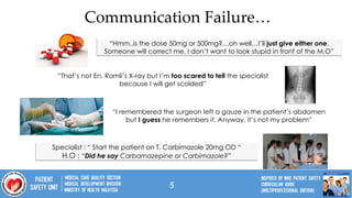 5
“Hmm..is the dose 50mg or 500mg?…oh well…I’ll just give either one.
Someone will correct me. I don’t want to look stupid in front of the M.O”
“That’s not En. Ramli’s X-ray but I’m too scared to tell the specialist
because I will get scolded”
“I remembered the surgeon left a gauze in the patient’s abdomen
but I guess he remembers it. Anyway, it’s not my problem”
Specialist : “ Start the patient on T. Carbimazole 20mg OD “
H.O : “Did he say Carbamazepine or Carbimazole?”
Communication Failure…
 
