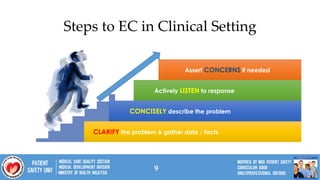 9
CLARIFY the problem & gather data / factsCLARIFY the problem & gather data / facts
CONCISELY describe the problemCONCISELY describe the problem
Actively LISTEN to responseActively LISTEN to response
Assert CONCERNS if neededAssert CONCERNS if needed
Steps to EC in Clinical Setting
 