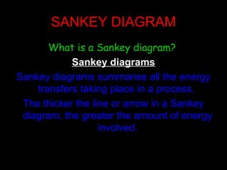 SANKEY DIAGRAM What is a Sankey diagram?  Sankey diagrams Sankey diagrams summarise all the energy transfers taking place in a process.  The thicker the line or arrow in a Sankey diagram, the greater the amount of energy involved. 
