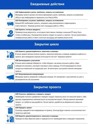 A22 Зафиксировать риски, проблемы, запросы на изменения
Менеджер проекта должен постоянно фиксировать риски, проблемы, запросы на изменения
(RICs) и при необходимости переносить их в Реестр RICs.
A23 Реагировать на риски, проблемы, запросы на изменения
Каждый RIC необходимо оценить, продумать меру реагирования и зафиксировать
ответственного. Команда должна знать процедуру работы с RICs.
A24 Принять готовые продукты
Промежуточные результаты, за которые ответственны тимлиды и внешние РП могут быть
готовы в любой день, Руководителю проекта следует их оценить и принять. Лучше ограничивать
незавершенную работу и иметь понятную процедуру для приёма результатов.
A25 Оценить удовлетворённость заказчика и команды
В конце каждого месяца полезно оценить, насколько заказчику и команде комфортно работать в
проекте. Для проведения опросов используется чек-лист “Здоровье проекта”.
A26 Запланировать улучшения
В конце цикла команда собирается, чтобы обсудить, как можно улучшить работу. Идеи
собираются анонимно, участвуют ключевые члены команды. В итоге формируется список
конкретных изменений на следующий цикл. За мониторинг улучшений отвечает менеджер
проекта.
A27 Фокусированная коммуникация
Менеджер проекта направляет сообщение команде. Он напоминает о достижениях за цикл и
договоренностях об улучшениях.
A28 Получить одобрение и передать продукт
Необходимо получить одобрение и передать продукт заказчику (если это внешний проект), либо
другому подразделению компании (если это внутренний проект). Иногда заказчик принимает
продукт, но требуется ряд доработок. Лучше сделать доработки до формального закрытия
проекта.
A29 Передать проект
Спонсору передаётся вся информация по проекту. Спонсор будет отвечать за исполнение пост-
проектных действий.
A30 Оценить удовлетворенность заказчика и команды
Проводится сбор обратной связи и подводится итог взаимодействия с командой и заказчиком.
Ежедневные действия
Закрытие цикла
Закрытие проекта
 