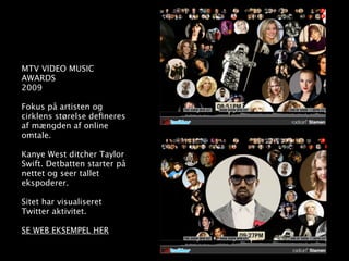 MTV VIDEO MUSIC
AWARDS
2009

Fokus på artisten og
cirklens størelse deﬁneres
af mængden af online
omtale.

Kanye West ditcher Taylor
Swift. Detbatten starter på
nettet og seer tallet
ekspoderer.

Sitet har visualiseret
Twitter aktivitet.

SE WEB EKSEMPEL HER
 