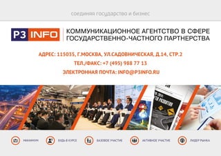 АДРЕС: 115035, Г.МОСКВА, УЛ.САДОВНИЧЕСКАЯ, Д.14, СТР.2
ТЕЛ./ФАКС: +7 (495) 988 77 13
ЭЛЕКТРОННАЯ ПОЧТА: INFO@P3INFO.RU
МИНИМУМ БУДЬ В КУРСЕ БАЗОВОЕ УЧАСТИЕ АКТИВНОЕ УЧАСТИЕ ЛИДЕР РЫНКА
 