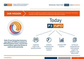 2
BRINGING TOGETHER STATE AND BUSINESS
www.p3info.ru
To increase the efficiency of interaction between the state and the business community in the Russian
Federation through communication and professional information exchangeOUR MISSION
Today
monitors PPP
projects
carries out
comprehensive
informational
support for
projects in the
ﬁeld of PPP
organizes
large-scale
business events
conducts
marketing and
analytical
research
Public-Private Partnership Communica-
tions Agency (P3 INFO), an initiative of
PPP Development Centre, is Russia’s first
communications agency that focuses on
public-private partnership.
 