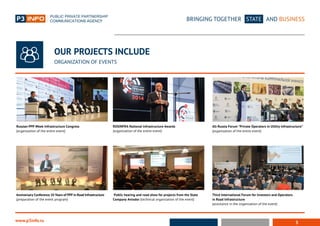 5
BRINGING TOGETHER STATE AND BUSINESS
www.p3info.ru
Public hearing and road show for projects from the State
Company Avtodor (technical organization of the event)
Third International Forum for Investors and Operators
in Road Infrastructure
(assistance in the organization of the event)
ROSINFRA National Infrastructure Awards
(organization of the entire event)
All-Russia Forum “Private Operators in Utility Infrastructure”
(organization of the entire event)
OUR PROJECTS INCLUDE
ORGANIZATION OF EVENTS
Russian PPP Week Infrastructure Congress
(organization of the entire event)
Anniversary Conference 10 Years of PPP in Road Infrastructure
(preparation of the event program)
 