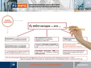 P3 INFO сегодня — это …

Коммуникации со всеми участниками
рынка ГЧП: >1000 активных контактов

Пул журналистов ведущих
федеральных и отраслевых
изданий по теме ГЧП

Рейтинг регионов
«ГЧП-старт»

Взаимодействие с основными
дискуссионными площадками

Внедрена авторская концепция по
тематическим приложениям в РБК
и РГ

ГЧП Журнал (iPad) —
первое профильное издание

>30 мероприятий в сфере развития
ГЧП и инфраструктуры (с 2012 г.)

Системный мониторинг СМИ по
теме ГЧП (>500 обзоров). Собрана
база рассылки

Комплексное PR сопровождение
крупнейших инфраструктурных
компаний

Кто нас рекомендует: Минтранс России, Минэнерго России, Российская газета (ежемесячный выпуск «ГЧП»)
и другие ведущие СМИ, Стройтрансгаз, Энергокомплекс, Газпромбанк, более 20 субъектов РФ и др.

ПРОФИЛЬ КОМПАНИИ

 