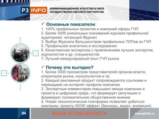  Основные показатели:
1. 100% профильных проектов и компаний сферы ГЧП
2. Более 3000 уникальных скачиваний журнала профильной
аудиторией, читающей Журнал
3. Выбор Журнала большинством профильных ТОПов из ГЧП
5. Профильная аналитика и исследования
6. Качественная экспертиза с привлечением лучших экспертов,
журналистов и др. специалистов
7. Лучший международный опыт ГЧП рынка

 Почему это выгодно?

1. Более 3000 просмотров представителей органов власти,
операторов рынка, консультантов и пр.
2. Каждый рекламный продукт сопровождается ссылками и
переходами на интернет профили компании
3. Экспертные комментарии повышают имидж компании и
проекта в цифровой среде, что формирует репутацию и
формирует положительное общественное мнение
4. Новая технологическая платформа позволяет добиться
компании, проекту WOW эффект (баннеры, видео, анимация)

ВАШИ ВОЗМОЖНОСТИ

 