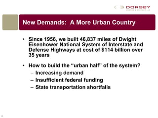 New Demands:  A More Urban Country Since 1956, we built 46,837 miles of Dwight Eisenhower National System of Interstate and Defense Highways at cost of $114 billion over 35 years How to build the “urban half” of the system? Increasing demand Insufficient federal funding State transportation shortfalls 