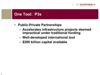 One Tool:  P3s Public-Private Partnerships Accelerates infrastructure projects deemed impractical under traditional funding Well-developed international tool $200 billion capital available 