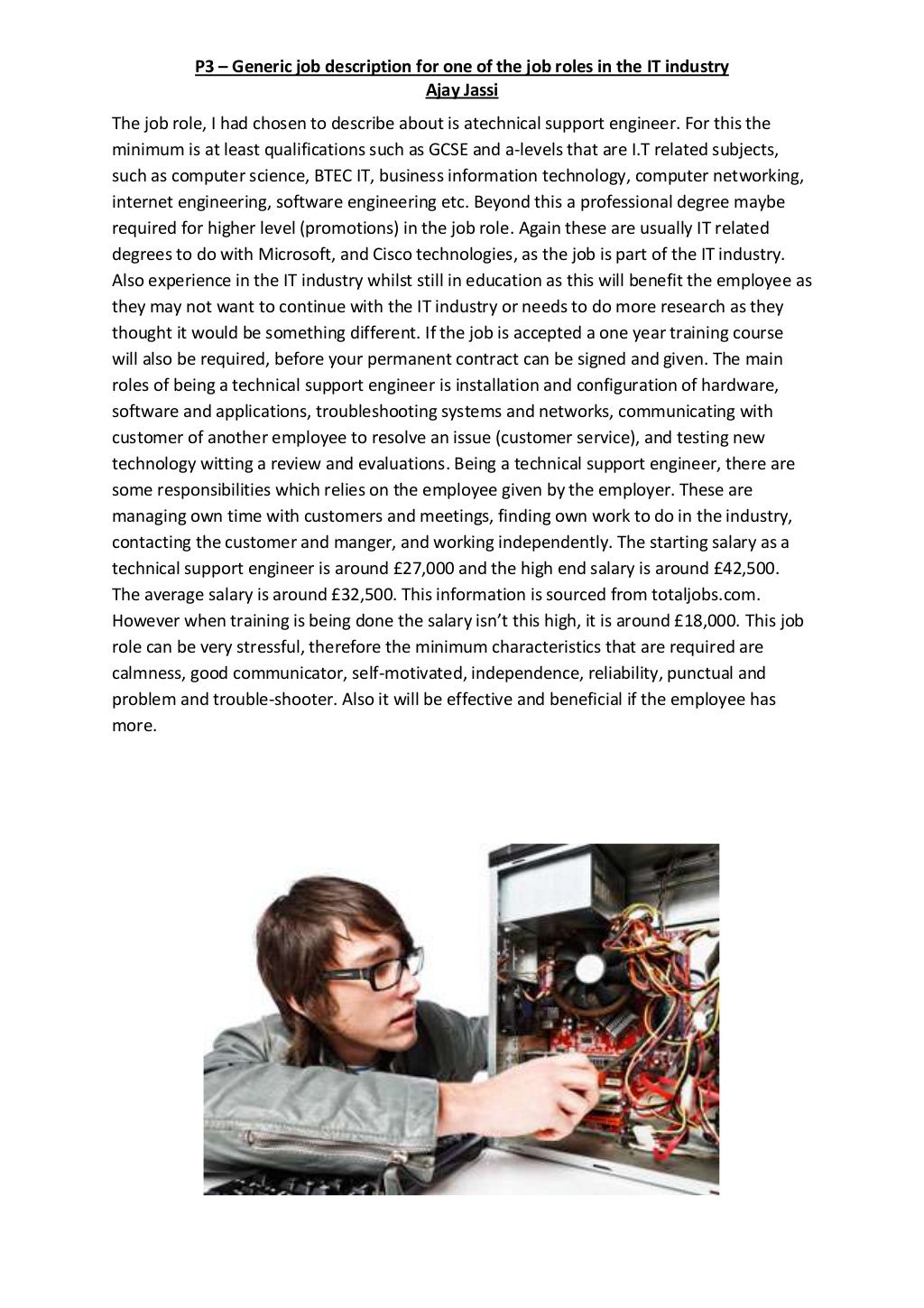 IT job role description for Technical Support Engineer