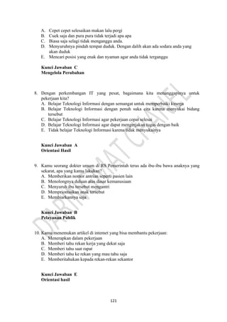 121
A. Cepet cepet selesaikan makan lalu pergi
B. Cuek saja dan pura pura tidak terjadi apa apa
C. Biasa saja selagi tidak menganggu anda.
D. Menyuruhnya pindah tempat duduk. Dengan dalih akan ada sodara anda yang
akan duduk
E. Mencari posisi yang enak dan nyaman agar anda tidak terganggu
Kunci Jawaban C
Mengelola Perubahan
8. Dengan perkembangan IT yang pesat, bagaimana kita menanggapinya untuk
pekerjaan kita?
A. Belajar Teknologi Informasi dengan semangat untuk memperbaiki kinerja
B. Belajar Teknologi Informasi dengan penuh suka cita karena menyukai bidang
tersebut
C. Belajar Teknologi Informasi agar pekerjaan cepat selesai
D. Belajar Teknologi Informasi agar dapat mengerjakan tugas dengan baik
E. Tidak belajar Teknologi Informasi karena tidak menyukainya
Kunci Jawaban A
Orientasi Hasil
9. Kamu seorang dokter umum di RS Pemerintah terus ada ibu-ibu bawa anaknya yang
sekarat, apa yang kamu lakukan?
A. Memberikan nomor antrian seperti pasien lain
B. Menolongnya duluan atas dasar kemanusiaan
C. Menyuruh ibu tersebut mengantri
D. Mempriontaskan anak tersebut
E. Membiarkannya saja
Kunci Jawaban B
Pelayanan Publik
10. Kamu menemukan artikel di intemet yang bisa membantu pekerjaan:
A. Menerapkan dalam pekerjaan
B. Memberi tahu rekan kerja yang dekat saja
C. Memberi tahu saat rapat
D. Memberi tahu ke rekan yang mau tahu saja
E. Memberitahukan kepada rekan-rekan sekantor
Kunci Jawaban E
Orientasi hasil
 