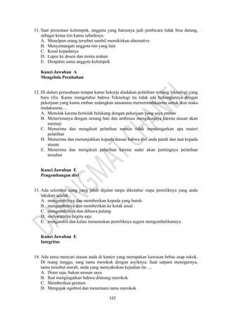 122
11. Saat presentasi kelompok, anggota yang harusnya jadi penbicara tidak bisa datang,
sebagai ketua tim kamu sebaiknya:
A. Menelpon orang tersebut sambil memikirkan alternative
B. Menyemangati anggota tim yang lain
C. Kesal kepadanya
D. Lapor ke dosen dan minta arahan
E. Dirapatin sama anggota kelompok
Kunci Jawaban A
Mengelola Perubahan
12. Di dalam perusahaan tempat kamu bekerja diadakan pelatihan tentang leknologi yang
baru rilis. Kamu mengetahui bahwa Teknologi itu tidak ada hubungannya dengan
pekerjaan yang kamu emban sedangkan atasanmu memerintahkanmu untuk ikut maka
tindakanmu....
A. Menolak karena bertolak belakang dengan pekerjaan yang saya emban
B. Menerimanya dengan senang hati dan ambisius mengikutinya karena atasan akan
memuji
C. Menerima dan mengikuti pelatihan namun tidak mendengarkan apa materi
pelatihan
D. Menerima dan menunjukkan kepada atasan bahwa diri anda patuh dan taat kepada
atasan
E. Menerima dan mengikuti pelatihan karena sadar akan pentingnya pelatihan
tersebut
Kunci Jawaban E
Pengembangan diri
13. Ada selembar uang yang jaluh dijalan tanpa diketahui siapa pemiliknya yang anda
lakukan adalah...
A. mongambilnya dan memberikan kepada yang butuh
B. mengambilnya dan memberikan ke kotak amal
C. mengannbilnya dan dibawa pulang
D. melewatinya begitu saja
E. mengambil dan kalau menemukan pemiliknya segera mengembalikannya
Kunci Jawaban E
Integritas
14. Ada tamu mencari atasan anda di kantor yang merupakan kawasan bebas asap rokok.
Di ruang tunggu, sang tamu merokok dengan asyiknya. Saat satpam menegurnya,
tamu tersebut marah, anda yang menyaksikan kejadian itu ....
A. Diam saja, bukan urusan saya
B. Ikut mengingatkan bahwa dilarang merokok
C. Memberikan permen
D. Mengajak ngobrol dan menemani tamu merokok
 