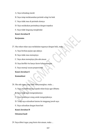 167
A. Saya terkadang marah
B. Saya tetap melaksanakan perintah selagi itu baik
C. Saya tidak mau di perintah olennya
D. Saya melakukan perintahnya dengan terpaksa
E. Saya tidak langsung menghindar
Kunci Jawaban B
Kerjasama
27. Jika rekan rekan saya melakukan tugasnya dengan baik, maka ...
A. Saya berikan pujian apa adanya
B. Saya tidak mau memujinya
C. Saya akan memujinya jika ada atasan
D. Saya berfikir itu hanya factor keberuntungan
E. Saya memuji secara proporsional
Kunci Jawaban E
Komunikasi
28. Jika ada tugas yang tidak menyenangkan, maka ...
A. Saya meminta tolong kepada rekan kerja agar dibantu
B. Saya tidak mau mengerjakannya
C. Saya membayar orang untuk mengerjaknnya
D. Tetap saya selesaikan karena itu tanggung jawab saya
E. Saya selesaikan dengan berat hati
Kunci Jawaban D
Orientasi hasil
29. Saya diberi tugas yang berat olen atasan, maka ...
 