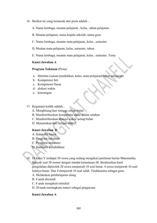 182
16. Berikut ini yang termasuk dari prota adalah....
A. Nama lembaga, muatan pelajaran , kelas, tahun pelajaran
B. Muatan pelajaran, nama kepala sekolah, nama guru
C. Nama lembaga, muatan mata pelajaran, kelas , semester
D. Muatan mata pelajaran, kelas, semester, tahun
E. Nama lembaga, muatan mata pelajaran, kelas , semester, Tema
Kunci Jawaban A
Program Tahunan (Prota)
a. Identitas (satuan pendidikan, kelas, mata pelajaran, tahun pelajaran)
b. Kompetensi Inti
c. Kompetensi Dasar
d. alokasi waktu
e. keterangan
17. Kegunaan kaldik adalah...
A. Menghitung hari minggu setiap bulan
B. Mendistribusikan kompetensi dasar dalam setahun
C. Mendistribusikan alokasi waktu setiap bulan
D. Menentukan hari belajar efektif.
Kunci Jawaban D
A: Kalender biasa
B: Program tahunan
C: Program semester
D: Kalender Pendidikan
18. Di kelas V terdapat 28 siswa yang sedang mengikuti penilaian harian Matematika.
Banyak soal 30 nomor dengan standar ketuntasan 60. Berdasarkan hasil
pengolahan diperoleh 20 siswa menjawab 10 soal benar. 4 siswa menjawab 10 soal
lainnya benar. Dan 4 menjawab 10 soal salah. Tindakanmu sebagai guru.
A. Melakukan pembelajaran ulang
B. 4 anak diremidi
C. 8 anak mengikuti remidial
D. 20 anak merangkum materi sebagai pengayaan
Kunci Jawaban A
 