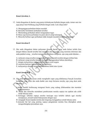 231
Kunci Jawaban A
12. Anda ditugaskan di daeran yang punya kebudayaan berbeda dengan anda, teman satu tim
juga punya latar belakang yang berbeda dengan anda. Lalu sikap anda?
A. Menganggap perbedaan bukan masalah
B. Berusaha memahami perbedaan tersebut
C. Memandang perbedaan dalam mengerjakan tugas
D. Biasa saja karena perbedaan itu pasti ada di setiap kelompok
E. Mencoba berbaur agar perbedaan tidak menjadi masalah di dalam kelompok
Kunci Jawaban E
13. Jika anda ditugaskan dalam pelayanan disuatu daerah yang anda belum terlalu bisa
dengan bahasa daerah tersebut dan menemui ada seseorang yang meminta informasi dan
anda padahal orang _ tersebut menggunakan bahasa campuran. apa yang anda lakukan....
A. melayani orang tersebut menggunakan bahasa daerah tersebut dengan terbata bata
B. melayani orang tersebut dengan berusaha menggunakan bahasa daerahnya
C. dengan melayaninya menggunakan bahasa resmi negara
D. meminta bantuan staf lain untuk menemuinya
E. melayaninya dengan menggunakan bahasa tubuh atau isyarat
Kunci Jawaban B
14. Jika anda ditugaskan atasan untuk menghadiri rapat yang didalamnya banyak konsultan
konsultan yang besar dan anda duduk satu meja bersama mereka, apa yang akan anda
lakukan.....
A.duduk sambil berbincang mengenai bisnis yang sedang dilaksanakan dan menukar
pengalamannya
B. duduk dan mencoba memahami pembicaraan mereka supaya tau apakan ada celah
untuk bekerja sama
C.menunggu sebentar supaya mereka menyapa saya terlebin dahulu agar mereka
mempunyai_inisiatif untuk bekerjasama dengan saya
D. mengajak bicara kepada mereka dan langsung mengajaknya untuk bekerja sama
E.mencatat hal hal yang penting supaya pengalaman mereka bisa diterapkan untuk
mengembangkan perusahaan saya
 