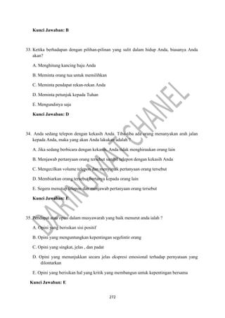 272
Kunci Jawaban: B
33. Ketika berhadapan dengan pilihan-pilinan yang sulit dalam hidup Anda, biasanya Anda
akan?
A. Menghitung kancing baju Anda
B. Meminta orang tua untuk memilihkan
C. Meminta pendapat rekan-rekan Anda
D. Meminta petunjuk kepada Tuhan
E. Mengundinya saja
Kunci Jawaban: D
34. Anda sedang telepon dengan kekasih Anda. Tiba-tiba ada orang menanyakan arah jalan
kepada Anda, maka yang akan Anda lakukan adalah ?
A. Jika sedang berbicara dengan kekasih, Anda tidak menghiraukan orang lain
B. Menjawab pertanyaan orang tersebut sambil telepon dengan kekasih Anda
C. Mengecilkan volume telepon dan menyimak pertanyaan orang tersebut
D. Membiarkan orang tersebut bertanya kepada orang lain
E. Segera menutup telepon dan menjawab pertanyaan orang tersebut
Kunci Jawaban: E
35. Pendapat atau opini dalam musyawarah yang baik menurut anda ialah ?
A. Opini yang berisikan sisi positif
B. Opini yang menguntungkan kepentingan segelintir orang
C. Opini yang singkat, jelas , dan padat
D. Opini yang menunjukkan secara jelas ekspresi emosional terhadap pernyataan yang
dilontarkan
E. Opini yang berisikan hal yang kritik yang membangun untuk kepentingan bersama
Kunci Jawaban: E
 