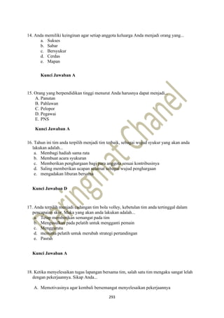 293
14. Anda memiliki keinginan agar setiap anggota keluarga Anda menjadi orang yang...
a. Sukses
b. Sabar
c. Bersyukur
d. Cerdas
e. Mapan
Kunci Jawaban A
15. Orang yang berpendidikan tinggi menurut Anda harusnya dapat menjadi...
A. Panutan
B. Pahlawan
C. Pelopor
D. Pegawai
E. PNS
Kunci Jawaban A
16. Tahun ini tim anda terpilih menjadi tim terbaik, sebagai wujud syukur yang akan anda
lakukan adalah...
a. Membagi hadiah sama rata
b. Membuat acara syukuran
c. Memberikan penghargaan bagi para anggota sesuai kontribusinya
d. Saling memberikan ucapan selamat sebagai wujud penghargaan
e. mengadakan liburan bersama
Kunci Jawaban D
17. Anda terpilih menjadi cadangan tim bola volley, kebetulan tim anda tertinggal dalam
pencapaian skor. Maka yang akan anda lakukan adalah...
a. Tetap memberikan semangat pada tim
b. Mengusulkan pada pelatih untuk mengganti pemain
c. Menggurutu
d. meminta pelatih untuk merubah strategi pertandingan
e. Pasrah
Kunci Jawaban A
18. Ketika menyelesaikan tugas lapangan bersama tim, salah satu tim mengaku sangat lelah
dengan pekerjaannya. Sikap Anda...
A. Memotivasinya agar kembali bersemangat menyelesaikan pekerjaannya
 