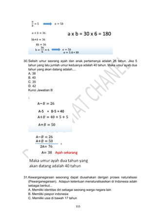 315
30.Selisih umur seorang ayah dan anak pertamanya adalah 26 tahun. Jika 5
tahun yang lalu jumlah umur keduanya adalah 40 tahun. Maka umur ayah dua
tahun yang akan datang adalah....
A. 38
B. 40
C. 35
D. 42
Kunci Jawaban B
31.Kewarganegaraan sesorang dapat diusahakan dengan proses naturalisasi
(Pewarganegaraan). Adapun ketentuan menaturalisasikan di Indonesia adaln
sebagai berikut...
A. Memiliki identitas diri sebagai seorang warga negara lain
B. Memiliki paspor indonesia
C. Memiliki usia di bawah 17 tahun
 