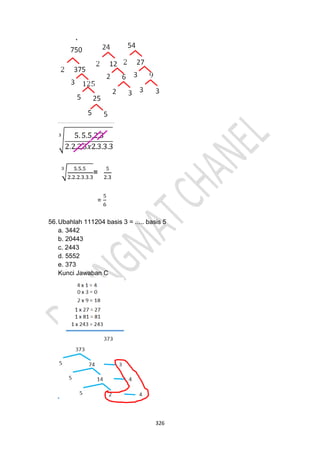 326
56.Ubahlah 111204 basis 3 = ..... basis 5
a. 3442
b. 20443
c. 2443
d. 5552
e. 373
Kunci Jawaban C
 