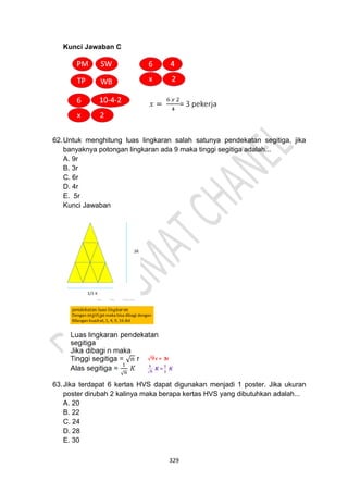 329
Kunci Jawaban C
62.Untuk menghitung luas lingkaran salah satunya pendekatan segitiga, jika
banyaknya potongan lingkaran ada 9 maka tinggi segitiga adalah...
A. 9r
B. 3r
C. 6r
D. 4r
E. 5r
Kunci Jawaban
63.Jika terdapat 6 kertas HVS dapat digunakan menjadi 1 poster. Jika ukuran
poster dirubah 2 kalinya maka berapa kertas HVS yang dibutuhkan adalah...
A. 20
B. 22
C. 24
D. 28
E. 30
 