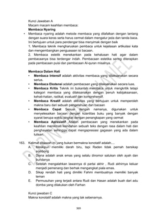 369
Kunci Jawaban A
Macam macam keahlian membaca:
Membaca Nyaring
• Membaca nyaring adalah metode membaca yang dilafalkan dengan lantang
dengan suara keras serta harus cermat dalam mengatur jeda dan tanda baca.
Ini bertujuan untuk para pendengar bisa menyimak dengan baik
1. Membaca teknik mengharuskan pembaca untuk kejelasan artikulasi kata
dan mengembangkan penguasaan isi bacaan.
2. Membaca estetik menekankan pada kehalusan hati agar dalam
pembacaanya bisa terdengar indah. Pembacaan estetika sering diterapkan
pada pembacaan puisi dan pembacaan Al-quran misalnya.
Membaca Dalam Hati
• Membaca Intensif adalah aktivitas membaca yang dilaksanakan secara
serius.
• Membaca Ekstensi adalah pembacaan yang dilaksanakan secara luas.
• Membaca Kritis Teknik ini bukanlah membaca untuk mengkritik tetapi
kategori membaca yang dilaksanakan dengan penuh kebijaksanaan,
kehati-hatian, radikal, evaluatif dan komprehensif.
• Membaca Kreatif adalah aktivitas yang bertujuan untuk memperoleh
makna baru dari sebuah pengetahuan dari bacaan
• Membaca Cepat Sesuai dengan namanya, digunakan untuk
menyelesaikan bacaan dengan kuantitas buku yang banyak dengan
syarat berupa waktu singkat dengan penangkapan yang cermat
• Membaca Apresiatif Adalah pembacaan yang menekankan pada
keahlian menikmati keindahan sebuah teks dengan rasa dalam hati dan
penghayatan sehingga dapat mengapresiasi gagasan yang ada dalam
tulisan.
163. Kalimat dibawah ini yang bukan bermakna konotatif adalah....
A. Meskipun memiliki darah biru, tapi Raden tidak pernah bersikap
sombong
B. Diana adalah anak emas yang selalu dinomor satukan oleh ayah dan
bundanya
C. Setelah mengalahkan lawannya di partai akhir , Rudi akhirnya keluar
menjadi pemenang dan berhak mengangkat piala emas.
D. Sikap rendah hati yang dimiliki Fahmi membuatnya memiliki banyak
teman
E. Permusuhan yang terjadi antara Rudi dan Hasan adalah buah dari adu
domba yang dilakukan oleh Farhan
Kunci jawaban C
Makna konotatif adalah makna yang tak sebenarnya.
 