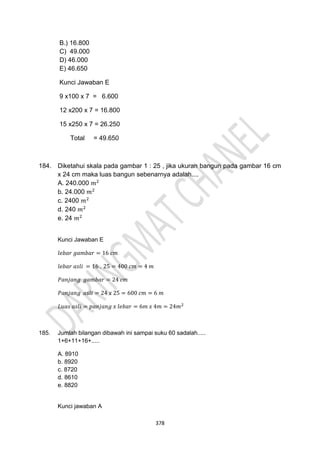378
B.) 16.800
C) 49.000
D) 46.000
E) 46.650
Kunci Jawaban E
9 x100 x 7 = 6.600
12 x200 x 7 = 16.800
15 x250 x 7 = 26.250
Total = 49.650
184. Diketahui skala pada gambar 1 : 25 , jika ukuran bangun pada gambar 16 cm
x 24 cm maka luas bangun sebenarnya adalah....
A. 240.000 𝑚2
b. 24.000 𝑚2
c. 2400 𝑚2
d. 240 𝑚2
e. 24 𝑚2
Kunci Jawaban E
𝑙𝑒𝑏𝑎𝑟 𝑔𝑎𝑚𝑏𝑎𝑟 = 16 𝑐𝑚
𝑙𝑒𝑏𝑎𝑟 𝑎𝑠𝑙𝑖 = 16 . 25 = 400 𝑐𝑚 = 4 𝑚
𝑃𝑎𝑛𝑗𝑎𝑛𝑔 𝑔𝑎𝑚𝑏𝑎𝑟 = 24 𝑐𝑚
𝑃𝑎𝑛𝑗𝑎𝑛𝑔 𝑎𝑠𝑙𝑖 = 24 𝑥 25 = 600 𝑐𝑚 = 6 𝑚
𝐿𝑢𝑎𝑠 𝑎𝑠𝑙𝑖 = 𝑝𝑎𝑛𝑗𝑎𝑛𝑔 𝑥 𝑙𝑒𝑏𝑎𝑟 = 6𝑚 𝑥 4𝑚 = 24𝑚2
185. Jumlah bilangan dibawah ini sampai suku 60 sadalah.....
1+6+11+16+.....
A. 8910
b. 8920
c. 8720
d. 8610
e. 8820
Kunci jawaban A
 