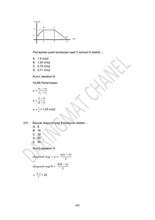 397
Percepatan pada kendaraan saat C sampai D adalah....
A. 1,5 m/s2
B. 1,25 m/s2
C. 0,75 m/s2
D. 0,71 m/s2
Kunci Jawaban B
GLBB Perlambatan
𝑎 =
𝑣1 − 𝑣2
𝑡2 − 𝑡1
𝑎 =
5 − 0
8 − 4
𝑎 =
5
4
= 1,25 m/s2
231. Banyak diagonal segi 8 beraturan adalah....
A. 8
B. 16
C. 32
D. 20
E. 40
Kunci Jawaban D
𝑑𝑖𝑎𝑔𝑜𝑛𝑎𝑙 𝑠𝑒𝑔𝑖 − 𝑛 =
𝑛(𝑛 − 3)
2
𝑑𝑖𝑎𝑔𝑜𝑛𝑎𝑙 𝑠𝑒𝑔𝑖 8 =
8(8 − 3)
2
=
8 . 5
2
= 20
 