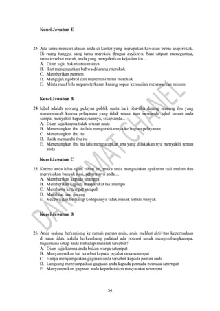 54
Kunci Jawaban E
23. Ada tamu mencari atasan anda di kantor yang merupakan kawasan bebas asap rokok.
Di ruang tunggu, sang tamu merokok dengan asyiknya. Saat satpam menegurnya,
tamu tersebut marah, anda yang menyaksikan kejadian itu ....
A. Diam saja, bukan urusan saya
B. Ikut mengingatkan bahwa dilarang rnerokok
C. Memberikan permen
D. Mengajak ngobrol dan menemani tamu merokok
E. Minta maaf bila satpam terkesan kurang sopan kemudian menawarkan minum
Kunci Jawaban B
24. Iqbal adalah seorang pelayan publik suatu hari tiba-tiba datang seorang ibu yang
marah-marah karena pelayanan yang tidak sesuai dan memarahi lqbal teman anda
sampai menyakiti kepercayaannya, sikap anda...
A. Diam saja karena tidak urusan anda
B. Menenangkan ibu itu lalu mengarahkannya ke bagian pelayanan
C. Menenangkan ibu itu
D. Balik memarahi ibu itu
E. Menenangkan ibu itu lalu mengucapkan apa yang dilakukan nya menyakiti teman
anda
Kunci Jawaban C
25. Karena anda lulus ujian tahun ini, maka anda mengadakan syukuran tadi malam dan
menyisakan banyak nasi, seharusnya anda ...
A. Mernberikan kepada tetangga
B. Memberikan kepada masyarakat tak mampu
C. Membawa ke tempat sampah
D. Membuat nasi goreng
E. Kecewa dan berharap kedepannya tidak masak terlalu banyak
Kunci Jawaban B
26. Anda sedang berkunjung ke rumah paman anda, anda melihat aktivitas kepernudaan
di sana tidak terlalu berkembang padahal ada potensi untuk mengembangkannya,
bagaimana sikap anda terhadap masalah tersebut?
A. Diam saja kamna anda bukan warga setempat
B. Menyampaikan hal tersebut kepada pejabat desa setempat
C. Hanya menyampaikan gagasan anda tersebut kepada paman anda
D. Langsung menyampaikan gagasan anda kepada pernuda-pemuda seternpat
E. Menyampaikan gagasan anda kepada tokoh masyarakat setempat
 