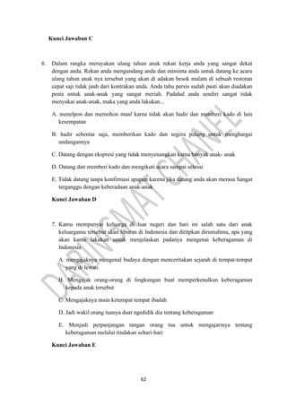 62
Kunci Jawaban C
6. Dalam rangka merayakan ulang tahun anak rekan kerja anda yang sangat dekat
dengan anda. Rekan anda mengundang anda dan miminta anda untuk datang ke acara
ulang tahun anak nya tersebut yang akan di adakan besok malam di sebuah restoran
cepat saji tidak jauh dari kontrakan anda. Anda tahu persis sudah pasti akan diadakan
pesta untuk anak-anak yang sangat meriah. Padahal anda sendiri sangat tidak
menyukai anak-anak, maka yang anda lakukan...
A. menelpon dan memohon maaf karna tidak akan hadir dan memberi kado di lain
kesempatan
B. hadir sebentar saja, memberikan kado dan segera pulang untuk menghargai
undangannya
C. Datang dengan ekspresi yang tidak menyenangkan karna banyak anak- anak
D. Datang dan memberi kado dan mengikuti acara sampai selesai
E. Tidak datang tanpa konfirmasi apapun karena jika datang anda akan merasa Sangat
terganggu dengan keberadaan anak-anak
Kunci Jawaban D
7. Kamu mempunyai keluarga di luar negeri dan hari ini salah satu dari anak
keluargamu tersebut akan liburan di Indonesia dan dititpkan dirumahmu, apa yang
akan kamu lakukan untuk menjelaskan padanya mengenai keberagaman di
Indonesia
A. mengajaknya mengenal budaya dengan menceritakan sejarah di tempat-tempat
yang di lewati
B. Mengajak orang-orang di lingkungan buat memperkenalkan keberagaman
kepada anak tersebut
C. Mengajaknya main ketempat tempat ibadah
D. Jadi wakil orang tuanya duat ngedidik dia tentang keberagaman
E. Menjadi perpanjangan tangan orang tua untuk mengajarinya tentang
keberagaman melalui tindakan sehari-hari
Kunci Jawaban E
 