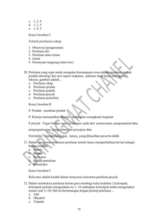 72
c. 1, 2, 4
d. 1, 2, 5
e. 1, 4, 5
Kunci Jawaban C
𝑇𝑒𝑘𝑛𝑖𝑘 𝑝𝑒𝑛𝑖𝑙𝑎𝑖𝑎𝑛 𝑠𝑖𝑘𝑎𝑝
1. Observasi (pengamatan)
2. Penilaian diri
3. Penilaian antar teman
4. Jurnal
5. Pertanyaan langsung (interview)
20. Penilaian yang tepat untuk mengukur kemampuan siswa dalam membuat produk
produk teknologi dan seni seperti makanan , pakaian, hasil karya seni (patung,
lukisan, gambar) adalah....
a. Penilaian sikap
b. Penilaian produk
c. Penilaian praktik
d. Penilaian proyek
e. Penilaian portofolio
Kunci Jawaban B
P. Produk : membuat produk
P. Kinerja menunjukkan kinerja/ melakukan serangkaian kegiatan
P proyek : Tugas berupa suatu investigasi sejak dari perencanaan, pengumpulan data,
pengorganisasian, pengolahan dan penyajian data
Portofolio : kumpulan tugas, karya, yang dihasilkan peserta didik
21. Dalam menyusun instrumen penilaian tertulis harus memperhatikan hal hal sebagai
berikut kecuali...
a. Materi
b. Bahasa
c. Relevansi
d. Kaidah penulisan
e. Konstruksi
Kunci Jawaban C
Relevansi adalah kaidah dalam menyusun instrumen penilaian proyek
22. Dalam melakukan penilaian harian guru membagi kelas kedalam 2 kelompok,
kelompok pertama mengerjakan no 1- 10 sedangkan kelompok kedua mengerjakan
nomor soal 11-20. Hal ini bertentangan dengan prinsip penilaian....
a. Adil
b. Obyektif
c. Terpadu
 