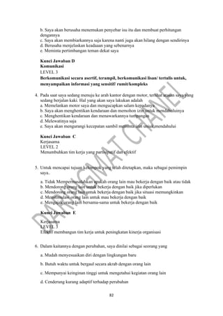 82
b. Saya akan berusaha menemukan penyebar isu itu dan membuat perhitungan
dengannya
c. Saya akan membiarkannya saja karena nanti juga akan hilang dengan sendirinya
d. Berusaha menjelaskan keadaaan yang sebenarnya
e. Meminta pertimbangan teman dekat saya
Kunci Jawaban D
Komunikasi
LEVEL 3
Berkomunikasi secara asertif, terampil, berkomunikasi lisan/ tertulis untuk,
menyampaikan informasi yang sensitif/ rumit/kompleks
4. Pada saat saya sedang menuju ke arah kantor dengan motor, terlihat atasan saya yang
sedang berjalan kaki. Hal yang akan saya lakukan adalah
a. Memelankan motor saya dan mengucapkan salam kepadanya
b. Saya akan menghentikan kendaraan dan memohon izin untuk mendahuluinya
c. Menghentikan kendaraan dan menawarkannya tumpangan
d. Melewatinya saja
e. Saya akan mengurangi kecepatan sambil meminta izin uniuk mendahului
Kunci Jawaban C
Kerjasama
LEVEL 2
Menumbuhkan tim kerja yang partisipatif dan efektif
5. Untuk mencapai tujuan kelompok yang telah ditetapkan, maka sebagai pemimpin
saya..
a. Tidak Mempermasalahkan apakah orang lain mau bekerja dengan baik atau tidak
b. Mendorong orang lain untuk bekerja dengan baik jika diperlukan
c. Mendorong orang lain untuk bekerja dengan baik jika situasi memungkinkan
d. Menstimulasi orang lain untuk mau bekerja dengan baik
e. Mengajak orang lain bersama-sama untuk bekerja dengan baik
Kunci Jawaban E
Kerjasama
LEVEL 3
Efektif membangun tim kerja untuk peningkatan kinerja organisasi
6. Dalam kaitannya dengan perubahan, saya dinilai sebagai seorang yang
a. Mudah menyesuaikan diri dengan lingkungan baru
b. Butuh waktu untuk bergaul secara akrab dengan orang lain
c. Mempunyai keinginan tinggi untuk mengetahui kegiatan orang lain
d. Cenderung kurang adaptif terhadap perubahan
 