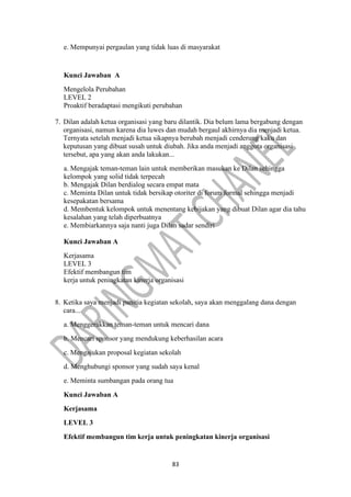 83
e. Mempunyai pergaulan yang tidak luas di masyarakat
Kunci Jawaban A
Mengelola Perubahan
LEVEL 2
Proaktif beradaptasi mengikuti perubahan
7. Dilan adalah ketua organisasi yang baru dilantik. Dia belum lama bergabung dengan
organisasi, namun karena dia luwes dan mudah bergaul akhirnya dia menjadi ketua.
Ternyata setelah menjadi ketua sikapnya berubah menjadi cenderung kaku dan
keputusan yang dibuat susah untuk diubah. Jika anda menjadi anggota organisasi
tersebut, apa yang akan anda lakukan...
a. Mengajak teman-teman lain untuk memberikan masukan ke Dilan sehingga
kelompok yang solid tidak terpecah
b. Mengajak Dilan berdialog secara empat mata
c. Meminta Dilan untuk tidak bersikap otoriter di forum formal sehingga menjadi
kesepakatan bersama
d. Membentuk kelompok untuk menentang kebijakan yang dibuat Dilan agar dia tahu
kesalahan yang telah diperbuatnya
e. Membiarkannya saja nanti juga Dilan sadar sendiri
Kunci Jawaban A
Kerjasama
LEVEL 3
Efektif membangun tim
kerja untuk peningkatan kinerja organisasi
8. Ketika saya menjadi panitia kegiatan sekolah, saya akan menggalang dana dengan
cara...
a. Menggerakkan teman-teman untuk mencari dana
b. Mencari sponsor yang mendukung keberhasilan acara
c. Mengajukan proposal kegiatan sekolah
d. Menghubungi sponsor yang sudah saya kenal
e. Meminta sumbangan pada orang tua
Kunci Jawaban A
Kerjasama
LEVEL 3
Efektif membangun tim kerja untuk peningkatan kinerja organisasi
 